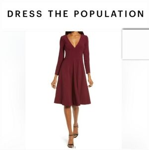 Dress the Population Burgundy Long Sleeve Catrine Dress Sz L NWT